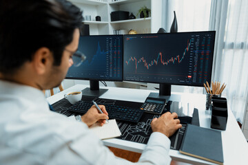 Smart trader businessman analyzing in two dynamic stock exchange investment screen on pc with...