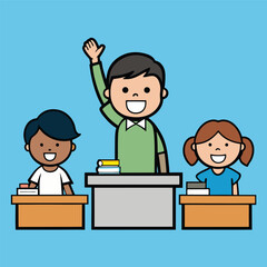 Cartoon Illustration of Students in a Classroom with One Student Raising Their Hand to Answer a Question During Class Time