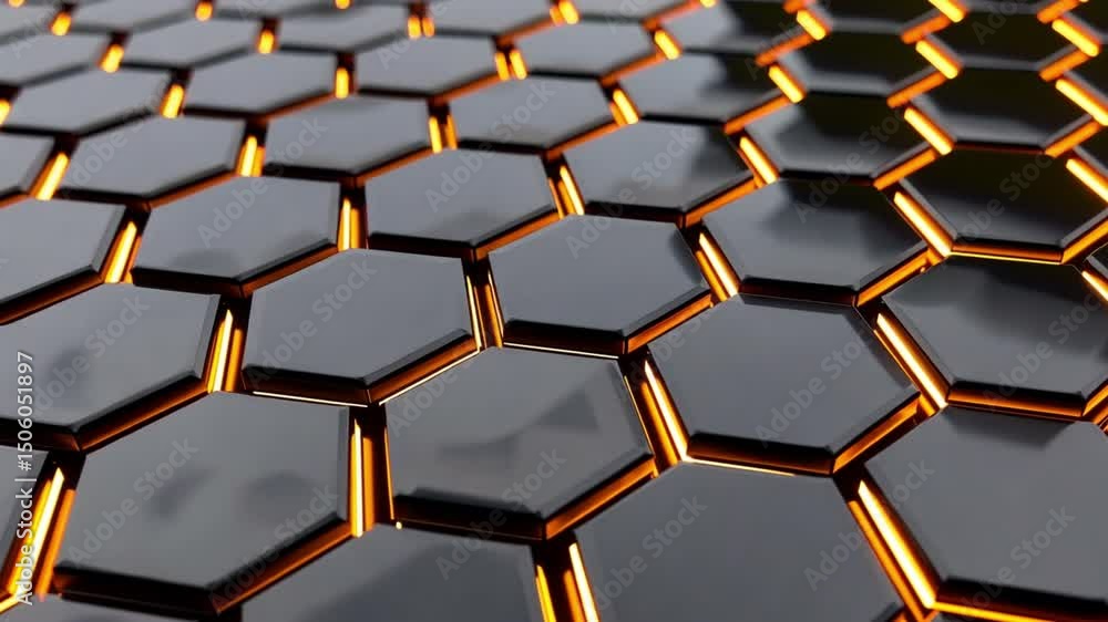 Poster close up view of modern hexagonal pattern with glossy black tiles and glowing orange edges, creating