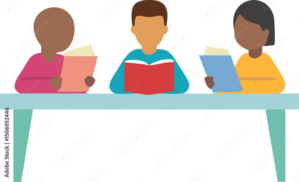 Poster diverse group of students reading books at a table education and learning illustration flat vector d