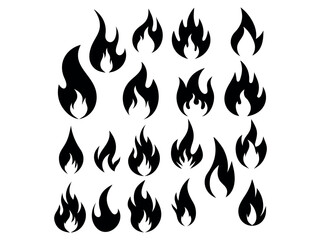 Fire Icons for Various Design vector illustration, black fire icons in various stylized flame shapes, suitable for use in logos, websites, apps, or any design project needing a graphic representation,