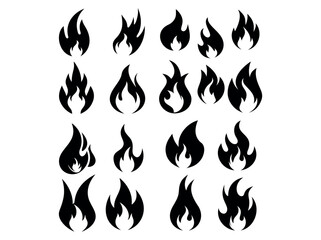Fire Icons for Various Design vector illustration, black fire icons in various stylized flame shapes, suitable for use in logos, websites, apps, or any design project needing a graphic representation,