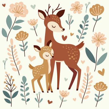 Little roe with his mother. Sweet illustration for Mother's Day. 
Cute hand drawn vector illustration in a flat style.