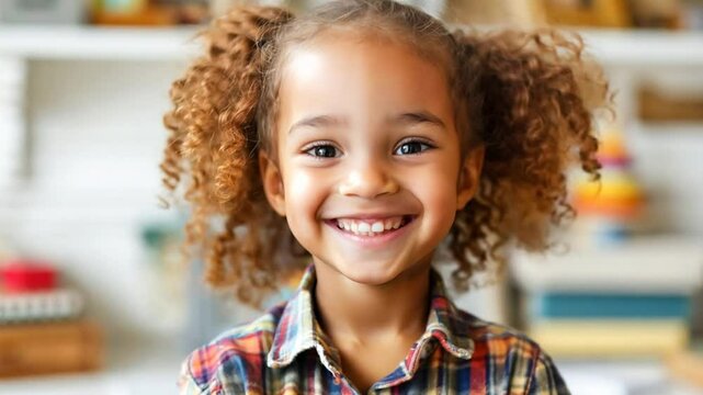Video of a cute cheerful smiling Black girl with pony tails holding her hand with thumb up in approving gesture. Classroom background with books.