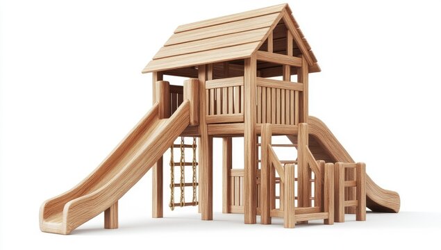 Wooden playhouse with slides and climbing structure - Powered by Adobe