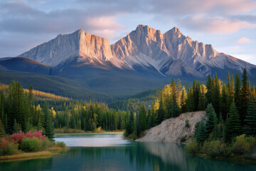 breathtaking view of canadian rockies at sunset with majestic peaks illuminated by warm golden light