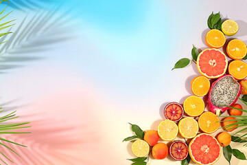 Summer in a snapshot, oranges, dragon fruit, apricots, pitaya, grapefruit on a bright background...