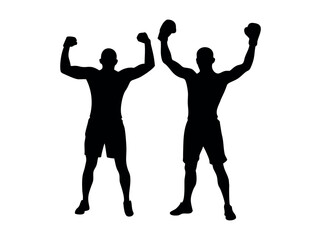 Boxers Celebrating a Victory in Silhouettes Set, black silhouettes of male boxers in victory poses, arms raised high, wearing boxing shorts and gloves. boxing, champion, victory, celebration, silhouet