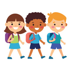 Three Diverse Elementary School Children Walking Together to School with Backpacks and Smiling on a White Background