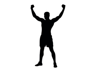 Silhouetted boxer celebrating victory, powerful silhouette of a male boxer celebrating a win, celebration, triumph, success, achievement, athlete, sportsman, muscular, silhouette, black and white, act