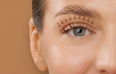 Blepharoplasty concept. Lady eye with arrows point in direction of planned oculoplastic surgery to...