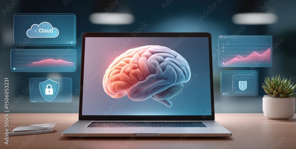 Poster laptop displaying a brain hologram representing artificial intelligence and technology