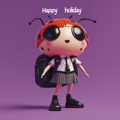 A  ladybug with a humanoid body, wearing a school uniform with a tie, black shoes, and a school bag. The ladybug has wearing a necklace around its neck. The title "Happy holiday"  on background.