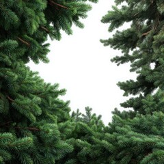 Green fir branches framing the view on white background