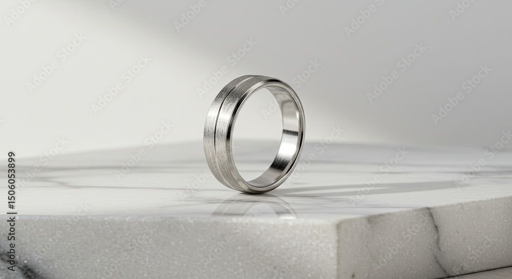 Poster close-up studio shot of an elegant silver ring with textured surface set on a white marble surface w