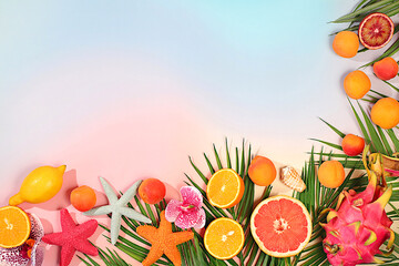 Tropical background with exotic fruits, Fruit sunny banner. Summer in a snapshot, oranges, dragon...
