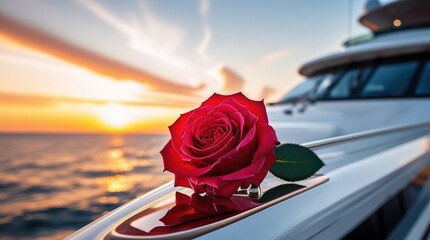 red rose lies on the bow of a white yacht against the backdrop of a sunset at sea