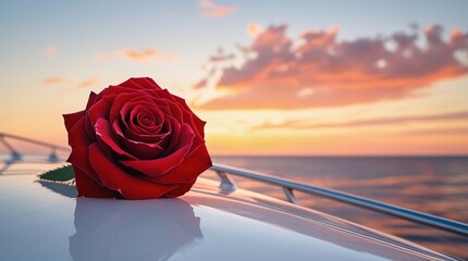 red rose lies on the bow of a white yacht against the backdrop of a sunset at sea