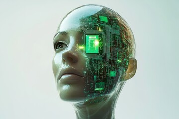 A transparent human head reveals intricate green circuits, blending humanity with technology in a futuristic cyborg concept.