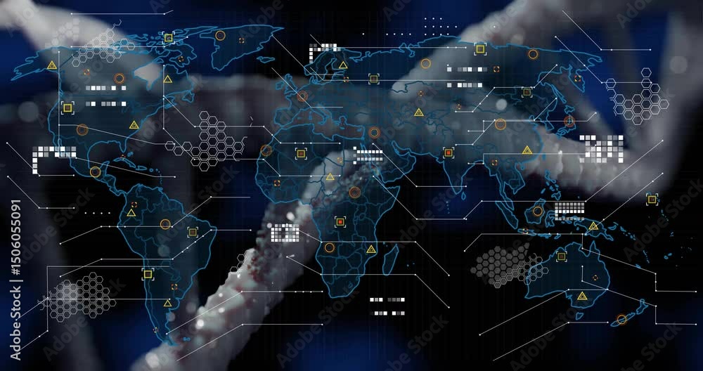 Poster zooming into dna helix rotating behind map while data icons pulsing and visualizing genetic data