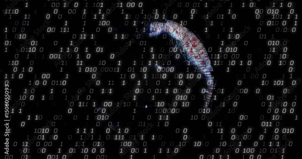 Poster upon startup globe spinning while floating binary digits intensifying then shrouding pixel nodes