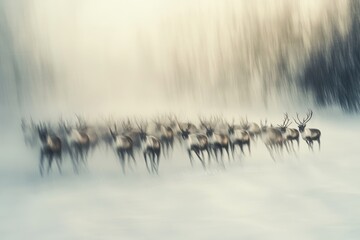 A herd of reindeer gallops through a snowy, misty landscape, creating a blurry and ethereal effect.