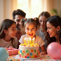family celebrating birthday with candles