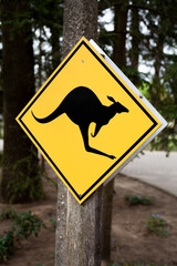 Close-Up of Black Kangaroo Warning Sign on Yellow Background in Australia