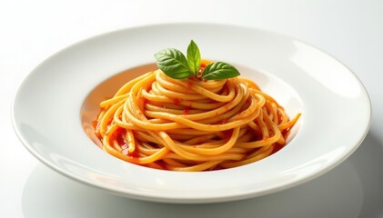 Elegant pasta dish, swirl of sauce, white backdrop , shot, studio, fresh