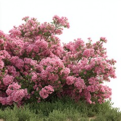 Obraz premium Pink flowers blooming on green bush on white background