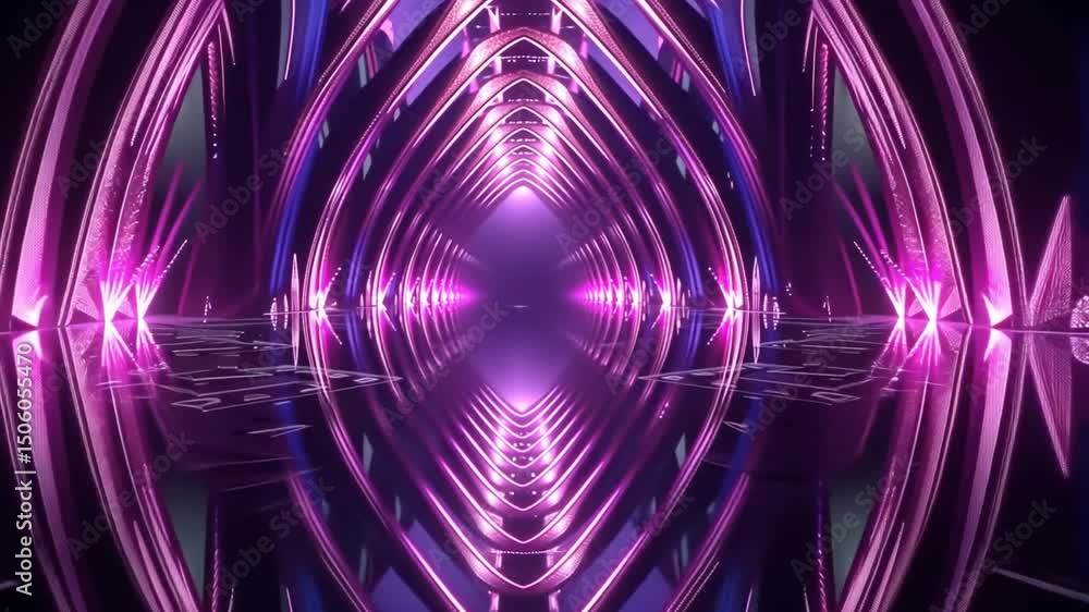 Poster vibrant and futuristic digital space with glowing pink lights and reflective surfaces, showcasing sy