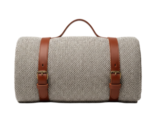 A rolled picnic blanket with leather straps and woven texture, clean fabric detail, evenly lit from the front, no reflections, isolated on a transparent background
