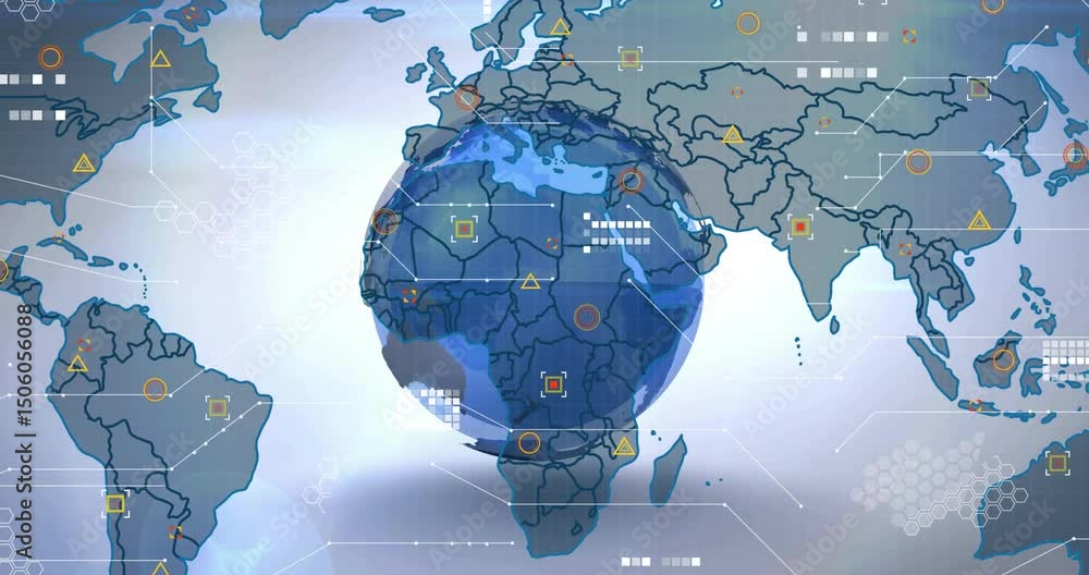 Poster emerging blue globe growing and rotating eastward while fading digital grid icons showing data