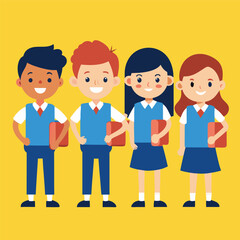 Naklejka premium Group of Smiling Students in Uniform Holding Books on a Yellow Background Representing Education Diversity and the Joy of Learning Together