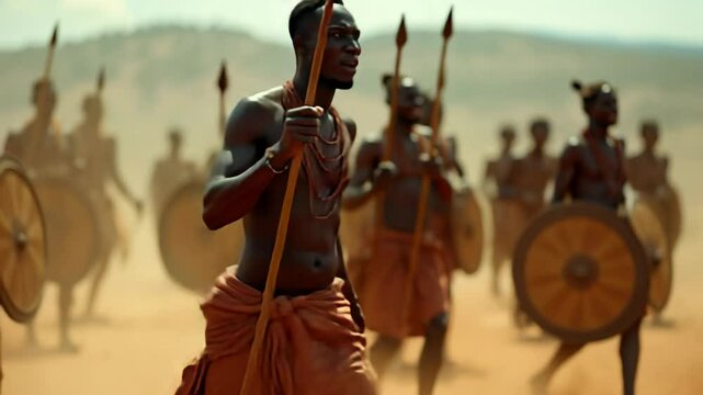 Zulu tribal ceremony showcases shield and spear dance in dust-filled landscape with synchronized stomping and expressive performances