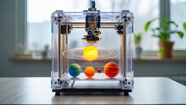A solar system model is being created with a 3D printer. The workspace is filled with natural light, showcasing vibrant colored planets and a glowing sun in a modern environment