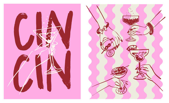 Cin Cin cheers print, Whimsical Hand-drawn cocktail poster, Feminine women hands holding fancy cocktails, Wavy background pattern, Maximalist Bar chart print