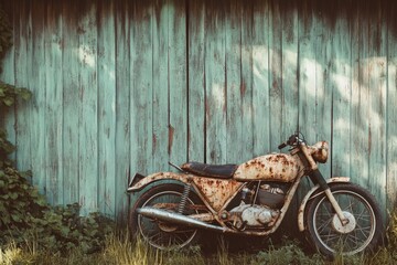 Rustic motorcycle stands weathered by time against an aged wooden fence and overgrown foliage creating a nostalgic scene.