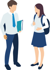 Obraz premium Isometric Illustration of Two Students Talking One Holding a Notebook and the Other with a Backpack on White Background