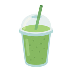 Green smoothie in plastic cup with straw, cartoon flat style healthy drink illustration.