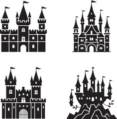 Obraz premium Fantasy Magic Castle silhouette set vector isolated On Transparent Background