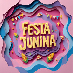 Poster de Festa Junina em 3D com Bandeirinhas, Chapéus e Espigas de Milho em Fundo Pastel