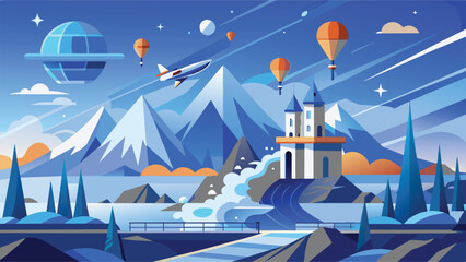 Futuristic Fantasy Landscape with Castle and Hot Air Balloons – Geometric Vector Illustration © ridwaninsight