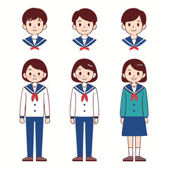 Cartoon Illustration of Japanese School Uniforms with Boys and Girls in Different Styles and Colors on a White Background