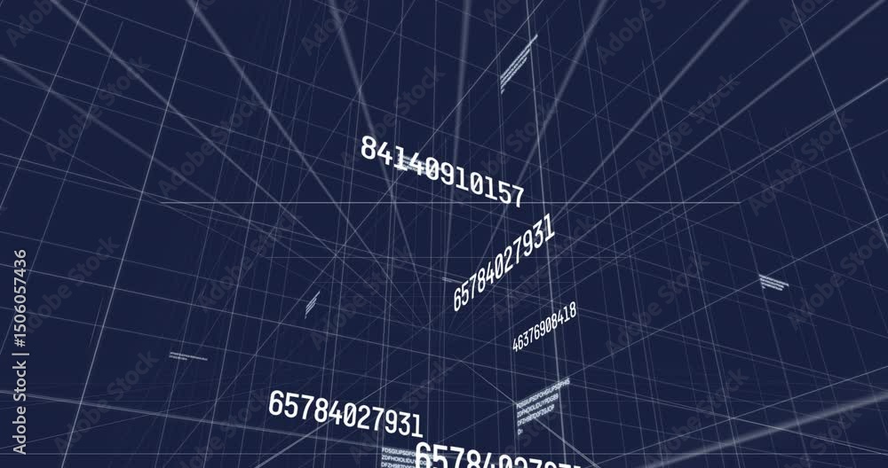 Poster on animation start floating white numbers drifting across 3d wireframe cube to show data flow