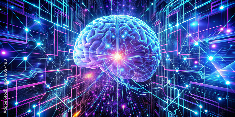 Poster a vibrant digital brain illuminates the center, surrounded by intricate lines and nodes representing