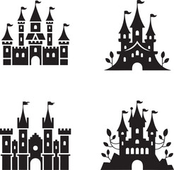 Obraz premium Fantasy Magic Castle silhouette set vector isolated On Transparent Background