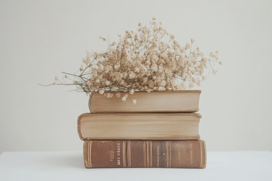 Three old books stacked on each other with dried flowers on top against a plain white background, conveying a sense of nostalgia and classic style. - Powered by Adobe