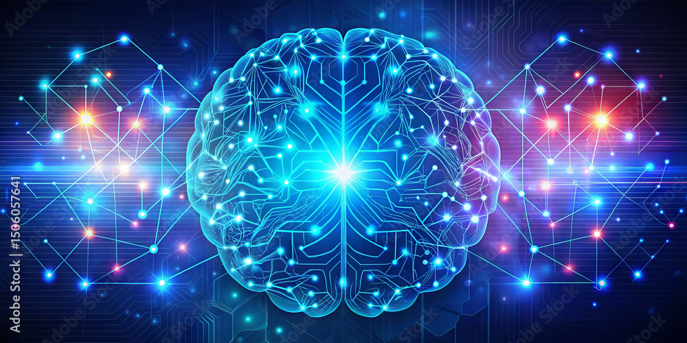 Poster an intricate digital rendering of a brain surrounded by vibrant circuits and glowing connections, sh