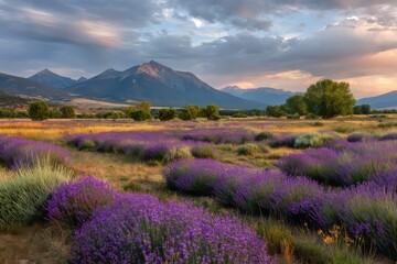 Lavender field landscape isolated on transparent background